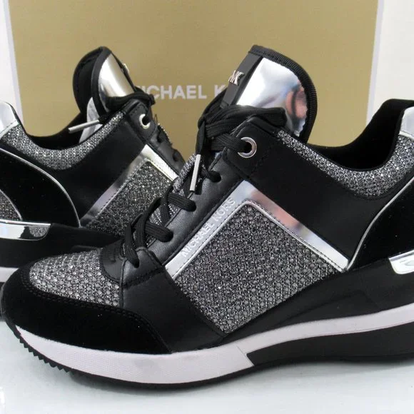 Michael Kors Georgie Trainer Wedge Sneakers Laces MK Logo Black / Grey - Picture 2 of 8